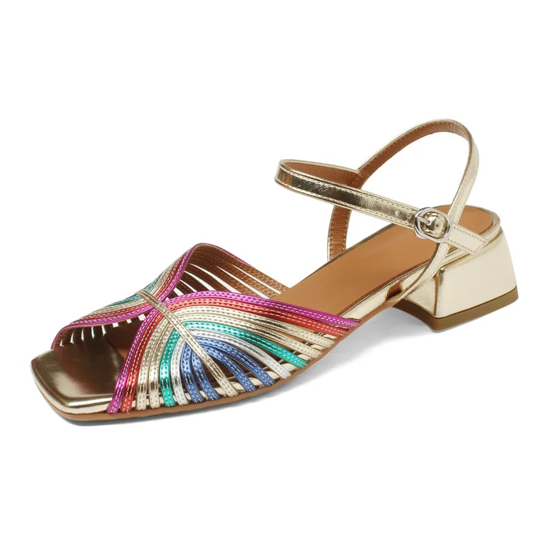 FEDONAS Summer Mixed Colors Women Sandals Ankle Strap Elegant Shoes Woman Genuine Leather Thick Heels Fashion Party Office Lady
