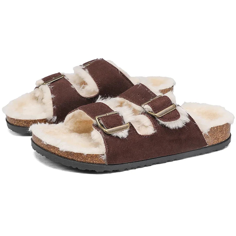 Men Women Plush Fur Slippers with Double Buckle Cork Sandals Winter Supper Warm Home Shoes Barefoot Comfort Footbed Sales