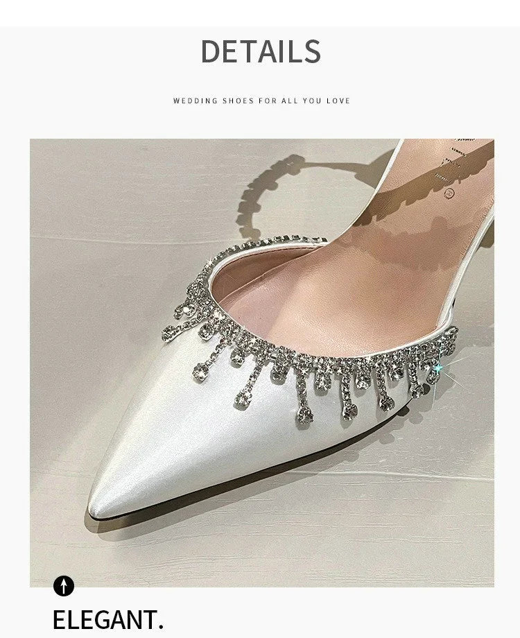 Comemore 2025 White Wedding Bridesmaid Shoes Satin Fashion Rhinestone Fringe Chain High Heels Black Temperament Elegance Pumps