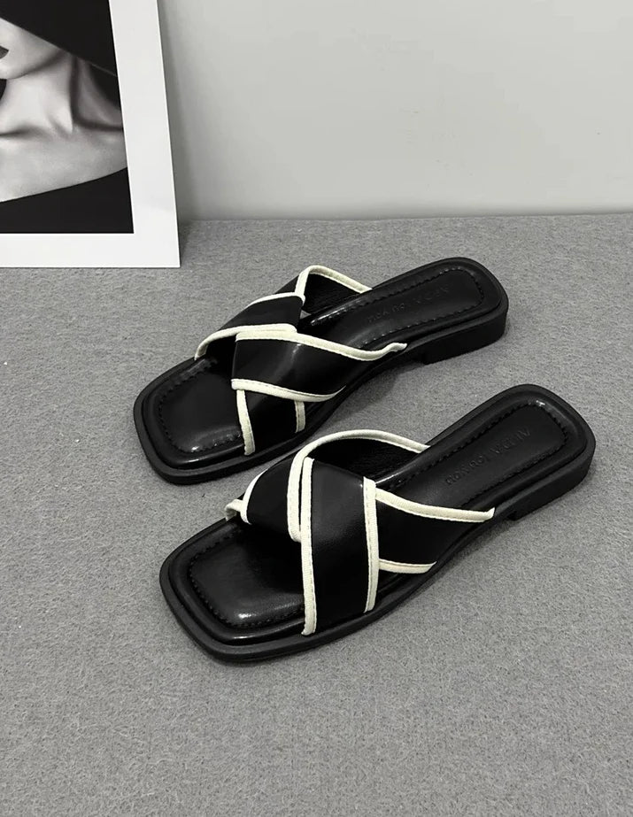 Women's Slippers and Ladies Sandals Open Toe Low Heel Outside on Beach House Black Indoor Home Slides Shoes Off White Word Flat