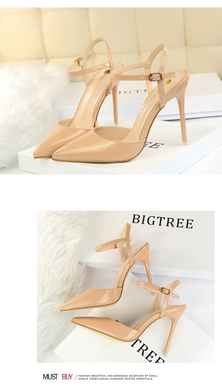 86-1 Style Simple Slim Ultra High Heel Shallow Painted Leather Sexy Nightclub Slimming One-word Strap Women Cool Shoes