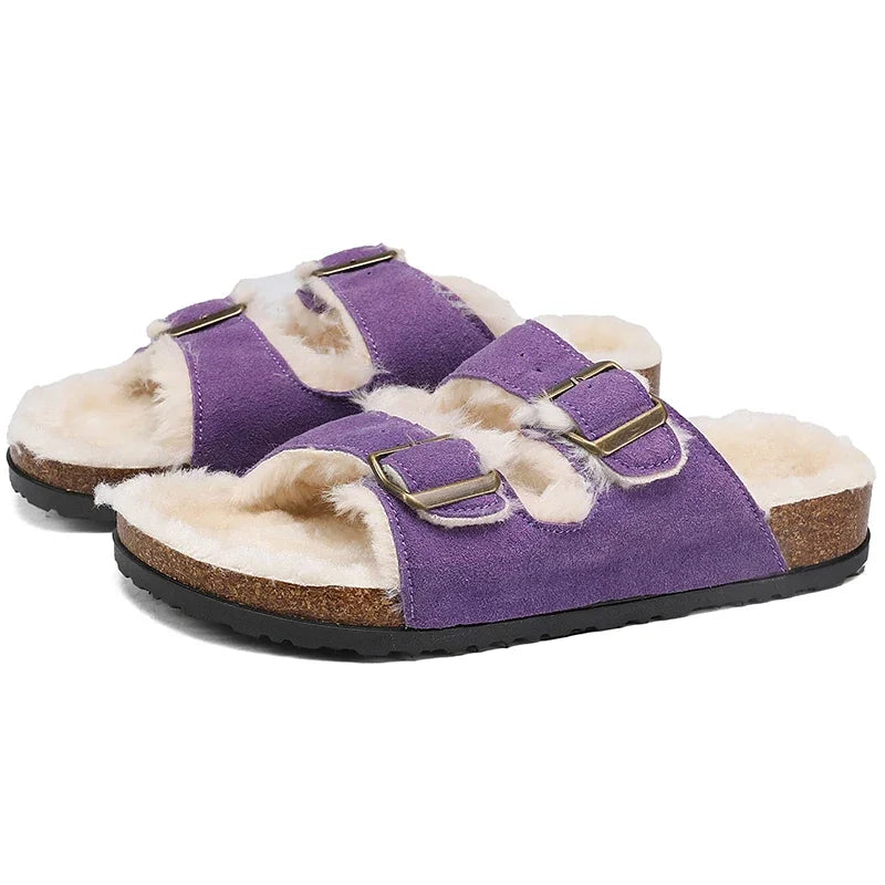 Men Women Plush Fur Slippers with Double Buckle Cork Sandals Winter Supper Warm Home Shoes Barefoot Comfort Footbed Sales