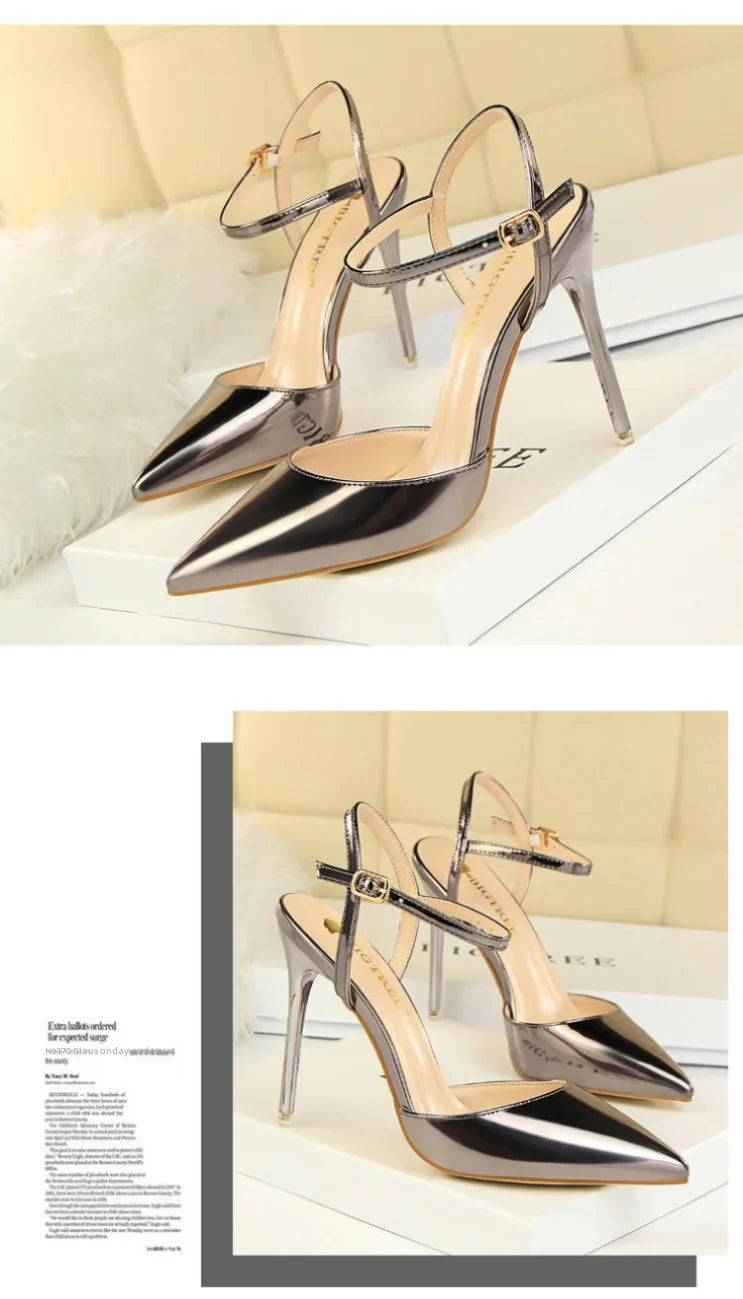 86-1 Style Simple Slim Ultra High Heel Shallow Painted Leather Sexy Nightclub Slimming One-word Strap Women Cool Shoes
