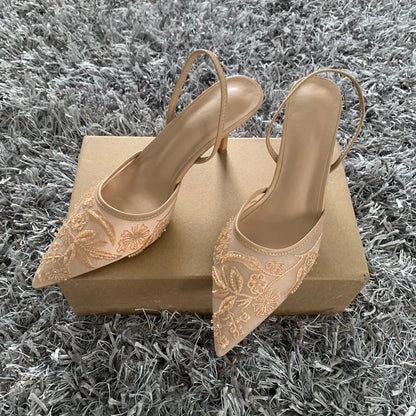 Luxury Brand High Heels Women Sandals Mesh Embroider Elegant Pointed  Evening Party Wedding Bridal Dress Shoes