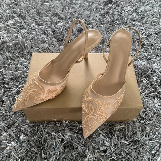 Luxury Brand High Heels Women Sandals Mesh Embroider Elegant Pointed  Evening Party Wedding Bridal Dress Shoes