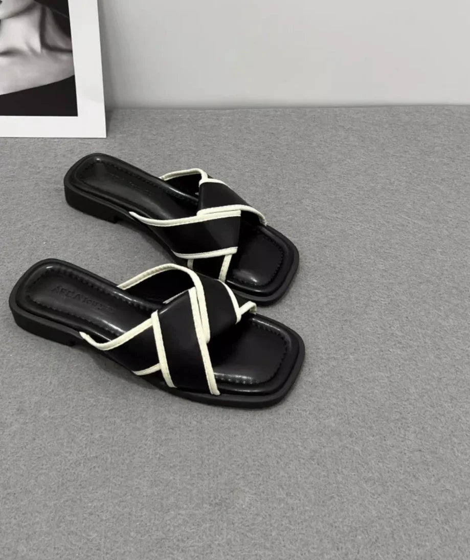Women's Slippers and Ladies Sandals Open Toe Low Heel Outside on Beach House Black Indoor Home Slides Shoes Off White Word Flat