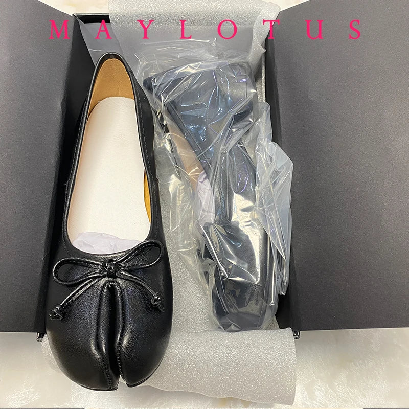 Split Toe 3cm Heel Tabi  Shoes Slip On Leather Comfy Shoes Soft Bottom solid Ladies Moccasins with Bowknot