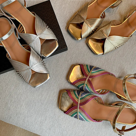 FEDONAS Summer Mixed Colors Women Sandals Ankle Strap Elegant Shoes Woman Genuine Leather Thick Heels Fashion Party Office Lady