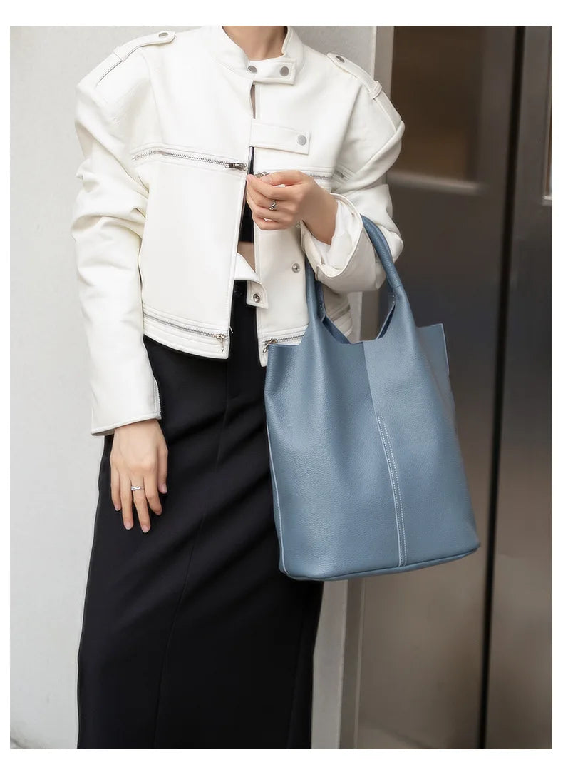 Genuine Leather Commuter Tote Bag Simple Ladies Soft Cowhide Tote Shoulder Handbag Large Capacity Women Bucket Bag 2025 New