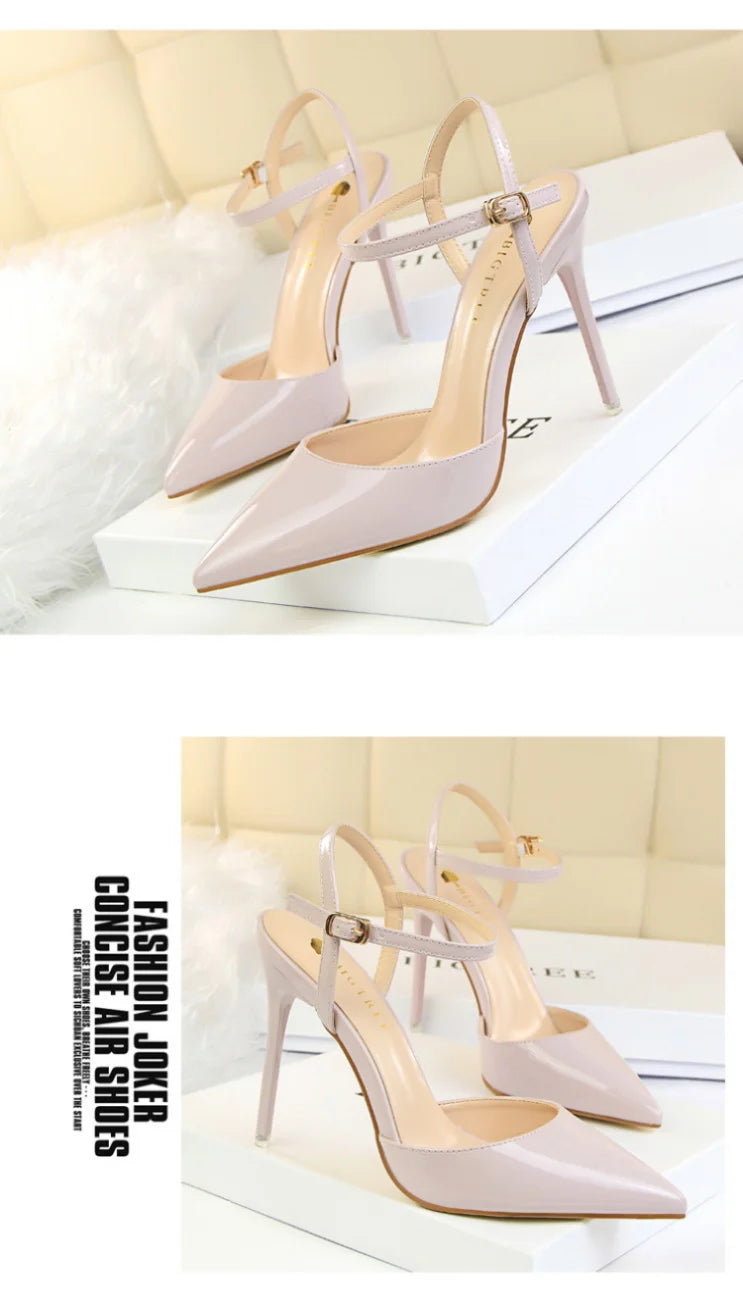 86-1 Style Simple Slim Ultra High Heel Shallow Painted Leather Sexy Nightclub Slimming One-word Strap Women Cool Shoes