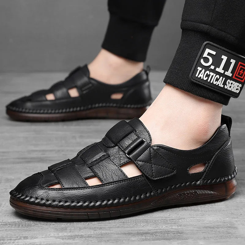 Leather Sandals Baotou 2025 Summer New Genuine Leather Breathable Hollow Porous Shoes Men's Tendon Soft Bottom Middle-Aged Dad S