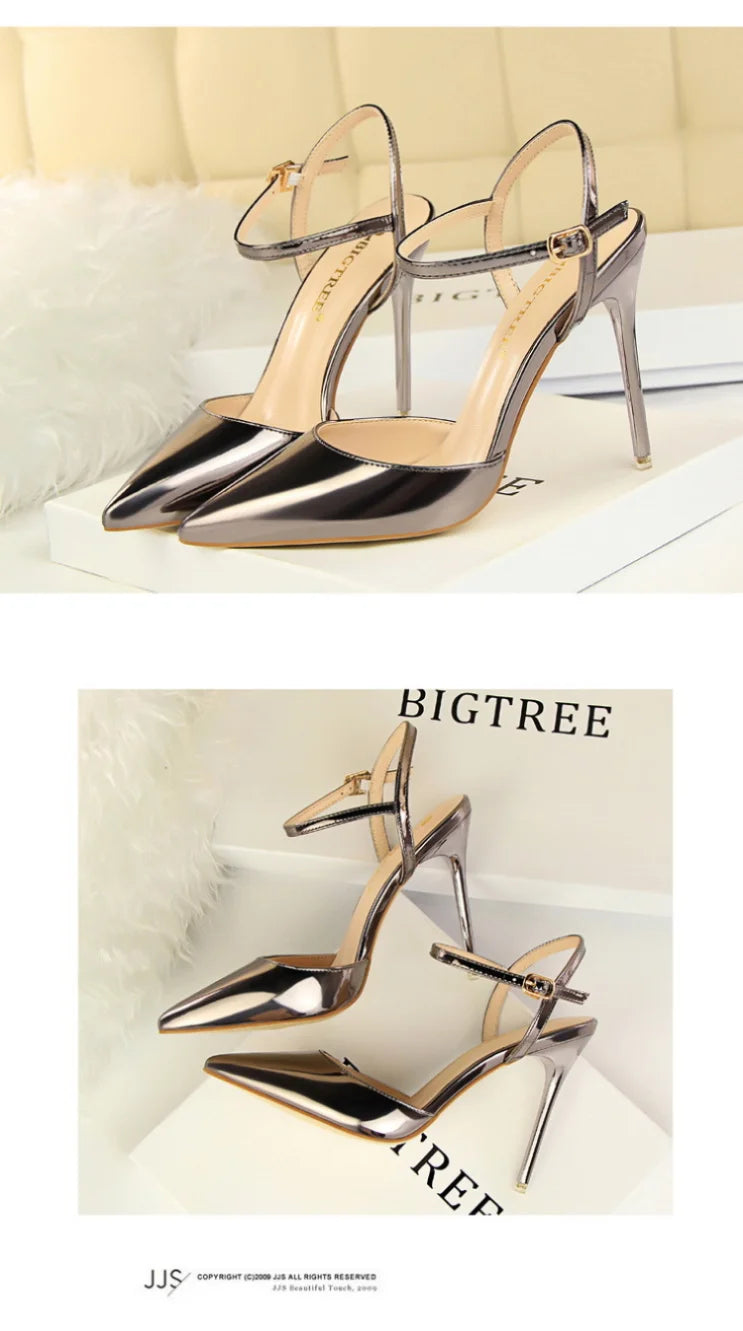 86-1 Style Simple Slim Ultra High Heel Shallow Painted Leather Sexy Nightclub Slimming One-word Strap Women Cool Shoes