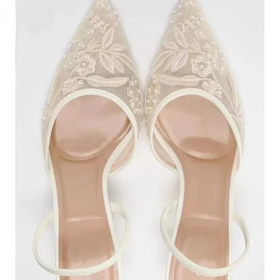 Elegant Mesh Embroidered Flowers Designer Heeled Sandals Women 2025 Summer Sexy Slingback Pointed Toe Thin High Heels Dress Shoe