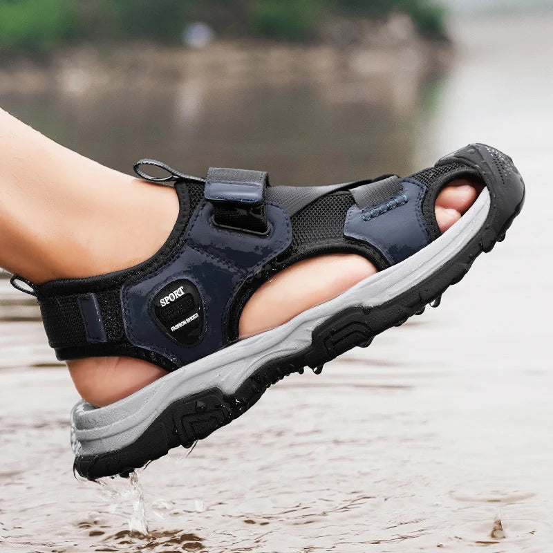 Sandals for Men's Summer New Cowhide Casual Beach Shoes, Genuine Leather for Men's Anti Slip Middle-aged Sandals and Slippers
