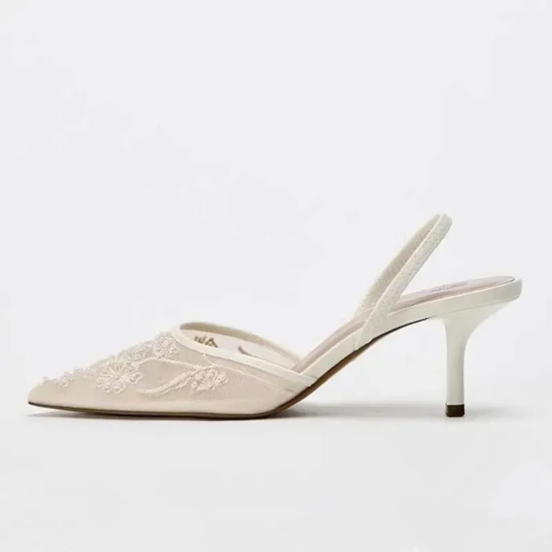Elegant Mesh Embroidered Flowers Designer Heeled Sandals Women 2025 Summer Sexy Slingback Pointed Toe Thin High Heels Dress Shoe