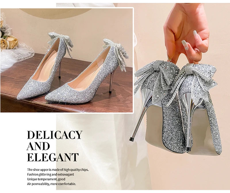 Bling Sequins Wedding Shoes for Women Bride 2025 Elegant Pointed Toe Thin Heels Pumps Woman Silver Crystal High Heels for Ladies
