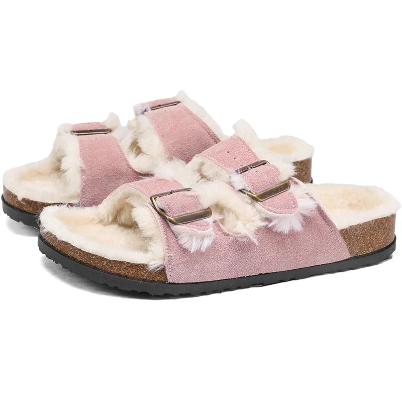 Men Women Plush Fur Slippers with Double Buckle Cork Sandals Winter Supper Warm Home Shoes Barefoot Comfort Footbed Sales