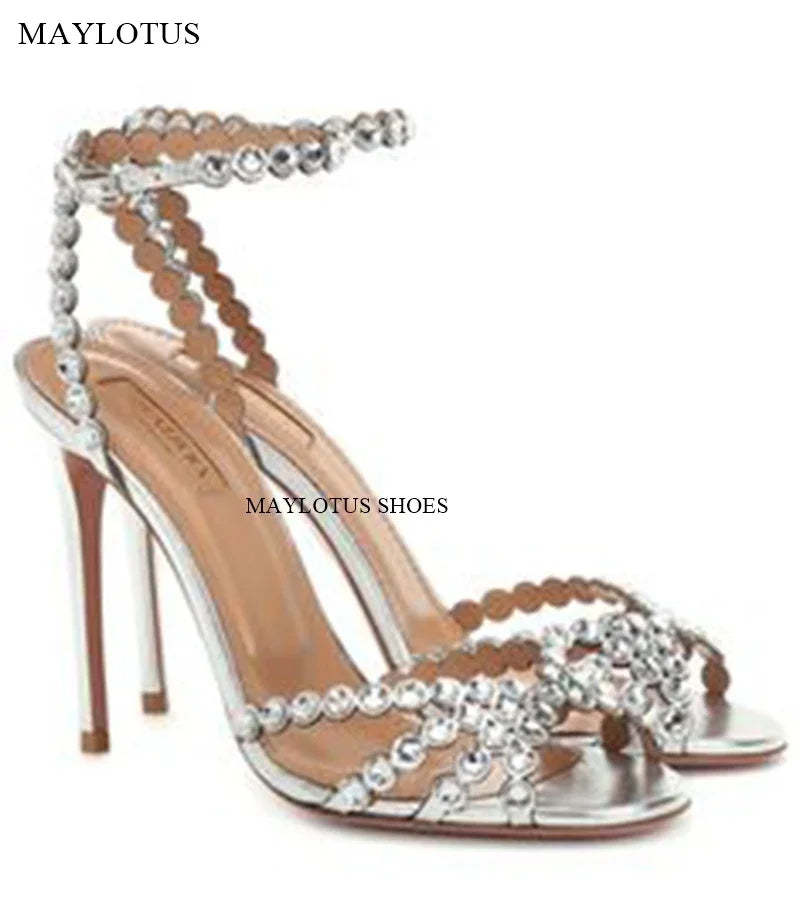 Snc Nude Peep Toe Crystal PVC Sandals Ankle Buckle Strap Thin High Heels Sandals Woman Summer Lady Stilettos Shoes on Heels