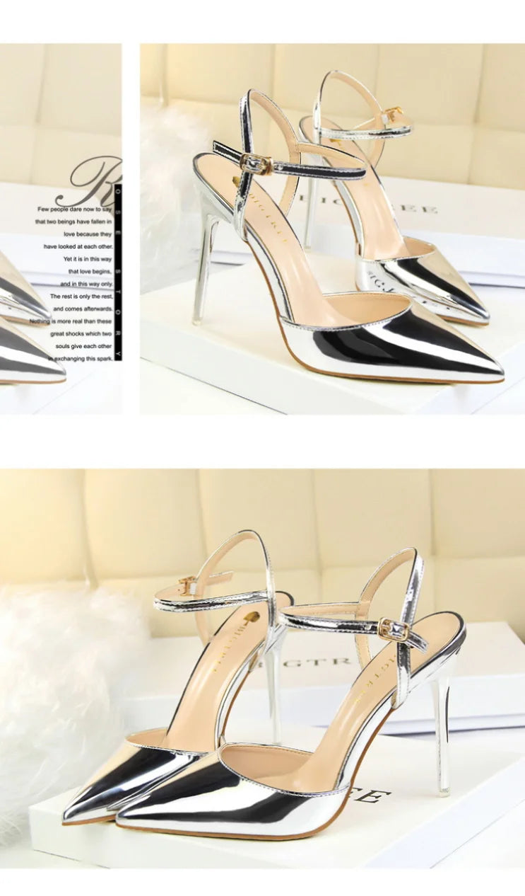 86-1 Style Simple Slim Ultra High Heel Shallow Painted Leather Sexy Nightclub Slimming One-word Strap Women Cool Shoes