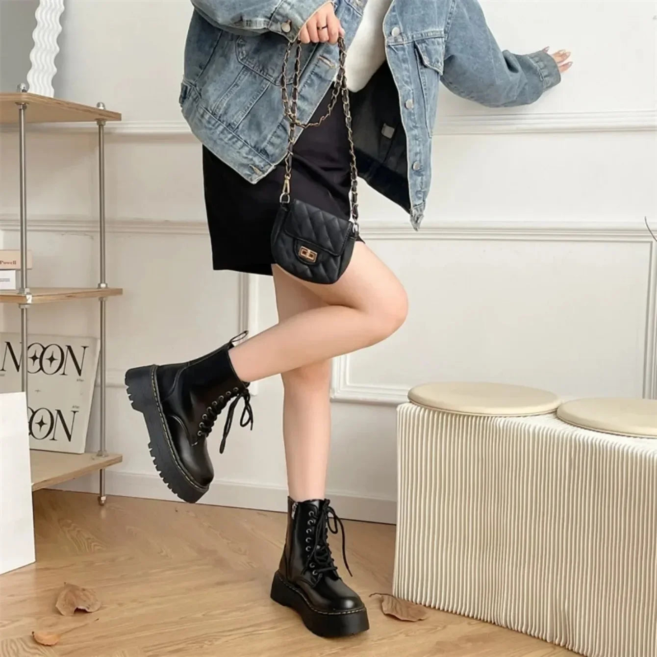 Women Boots Motorcycle Shoes Woman Leather Chelsea Ladie Classic Punk Female Goth Shoes High Platform Boots Women Botas Mujer