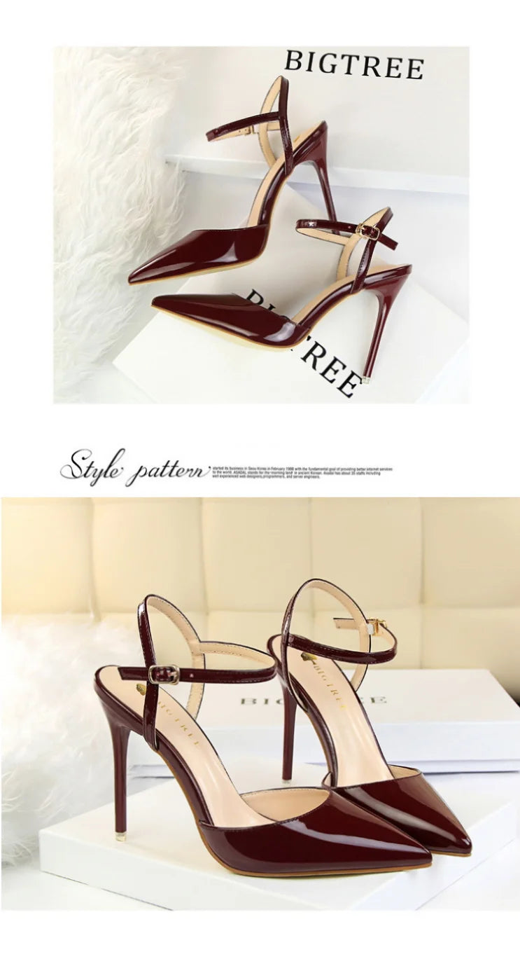 86-1 Style Simple Slim Ultra High Heel Shallow Painted Leather Sexy Nightclub Slimming One-word Strap Women Cool Shoes