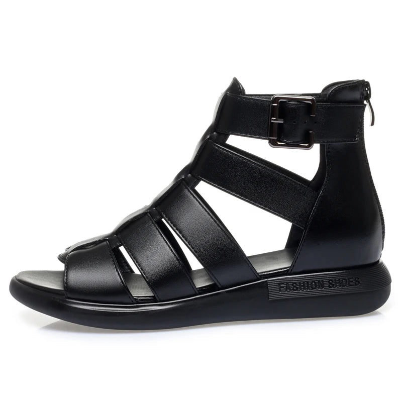 2024 New Women's Tennis Boots Flat Bottom Low Heel Hollow Cool Boots Summer Open Toe Genuine Leather Sandals Flat Shoes