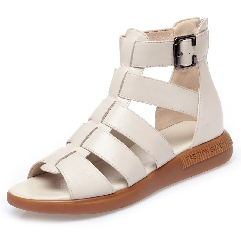 2024 New Women's Tennis Boots Flat Bottom Low Heel Hollow Cool Boots Summer Open Toe Genuine Leather Sandals Flat Shoes