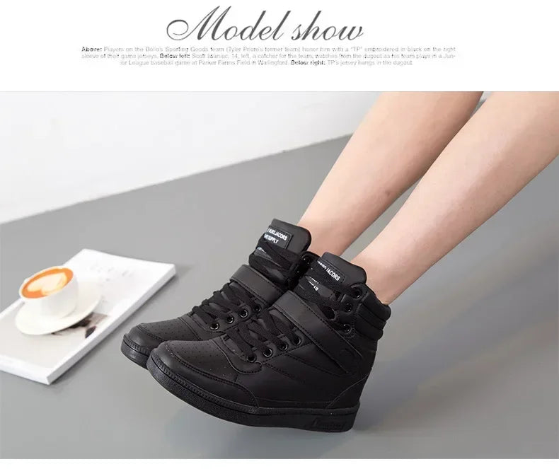 Designer Woman Breathable High Top Black White Boots Women Casual Sport Shoes Platform Hidden Increasing Sneakers Leather Shoe