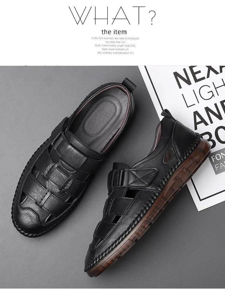 Leather Sandals Baotou 2025 Summer New Genuine Leather Breathable Hollow Porous Shoes Men's Tendon Soft Bottom Middle-Aged Dad S