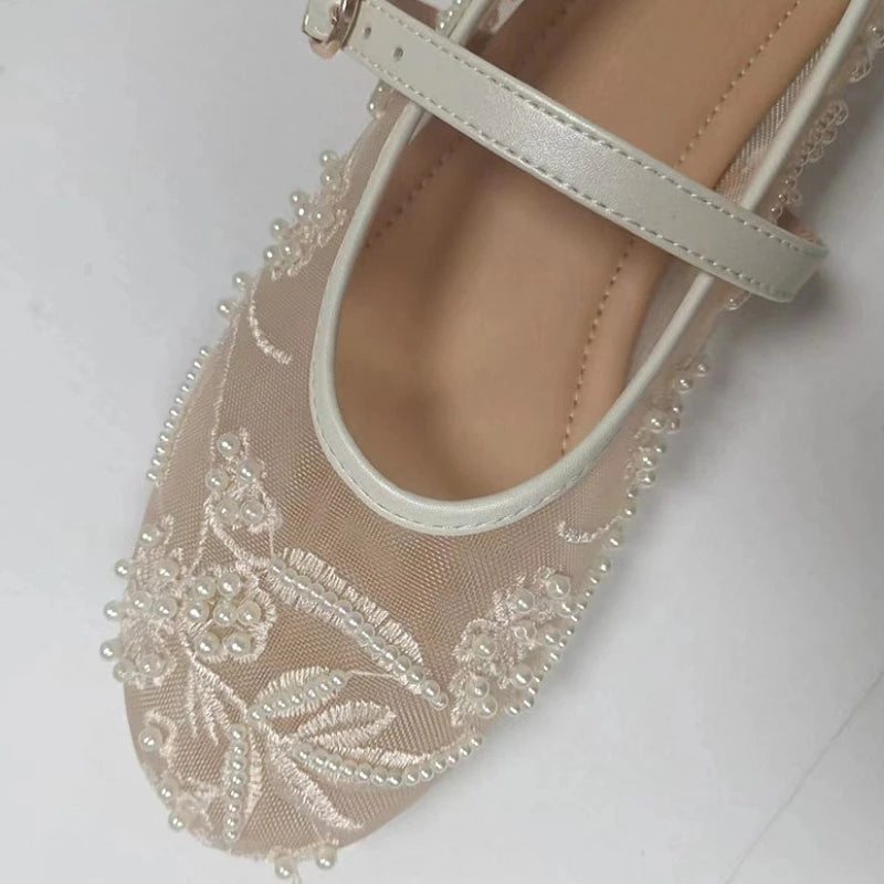 Mesh Embroidery String Bead Brand Women Ballet Flats Fashion Buckle Breathable Mary Jane Shoe Comfort Low Heel Soft Flat Sandals