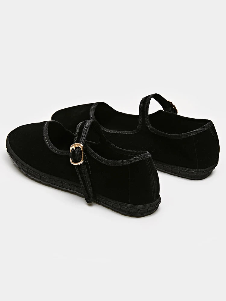 Velvet Mary Jane Shoes for Women Hand Stitch Casual Streetwear Ballet Flats Pumps Female Solid Color Red Cloth Shoes Loafers