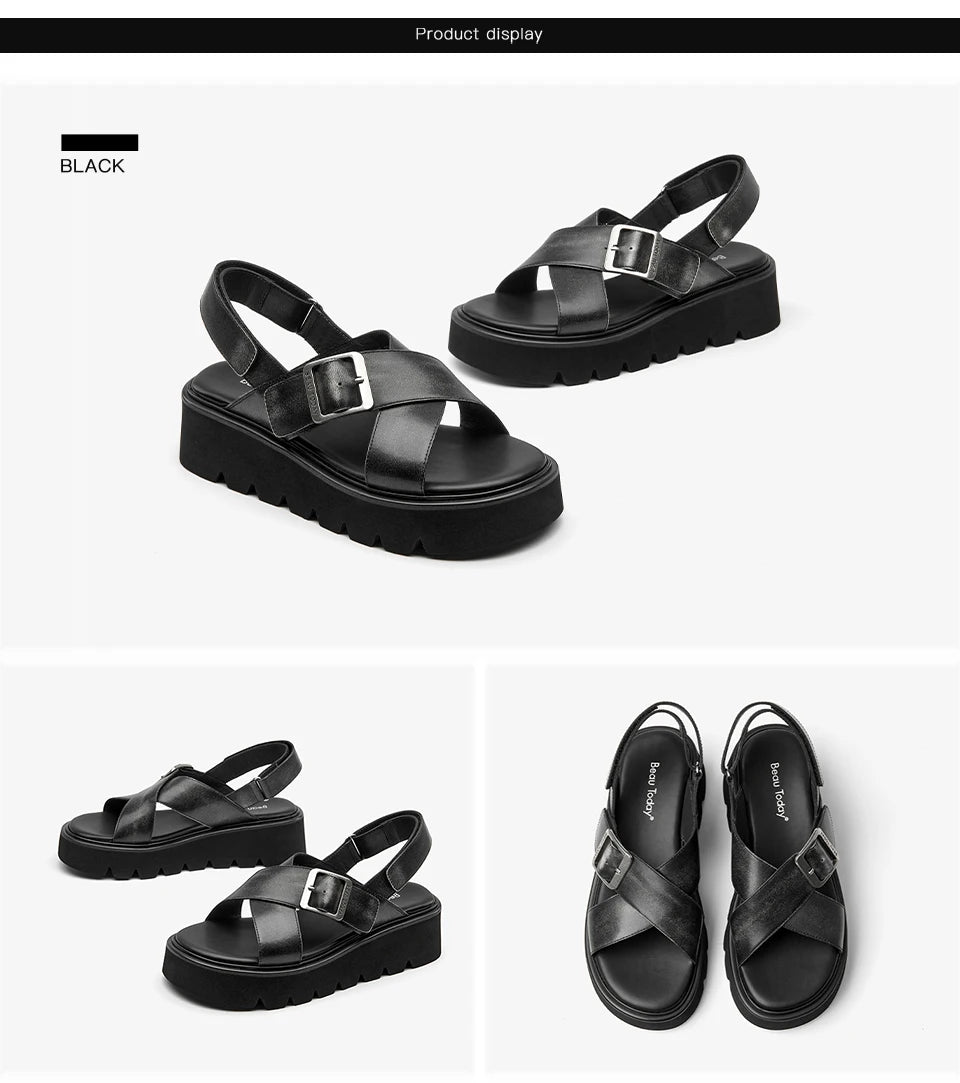 BEAUTODAY Platform Sandals Women Polished Cow Leather Open Toe Cross-tied Solid Metal Strap Summer Ladies Shoes Handmade 38250