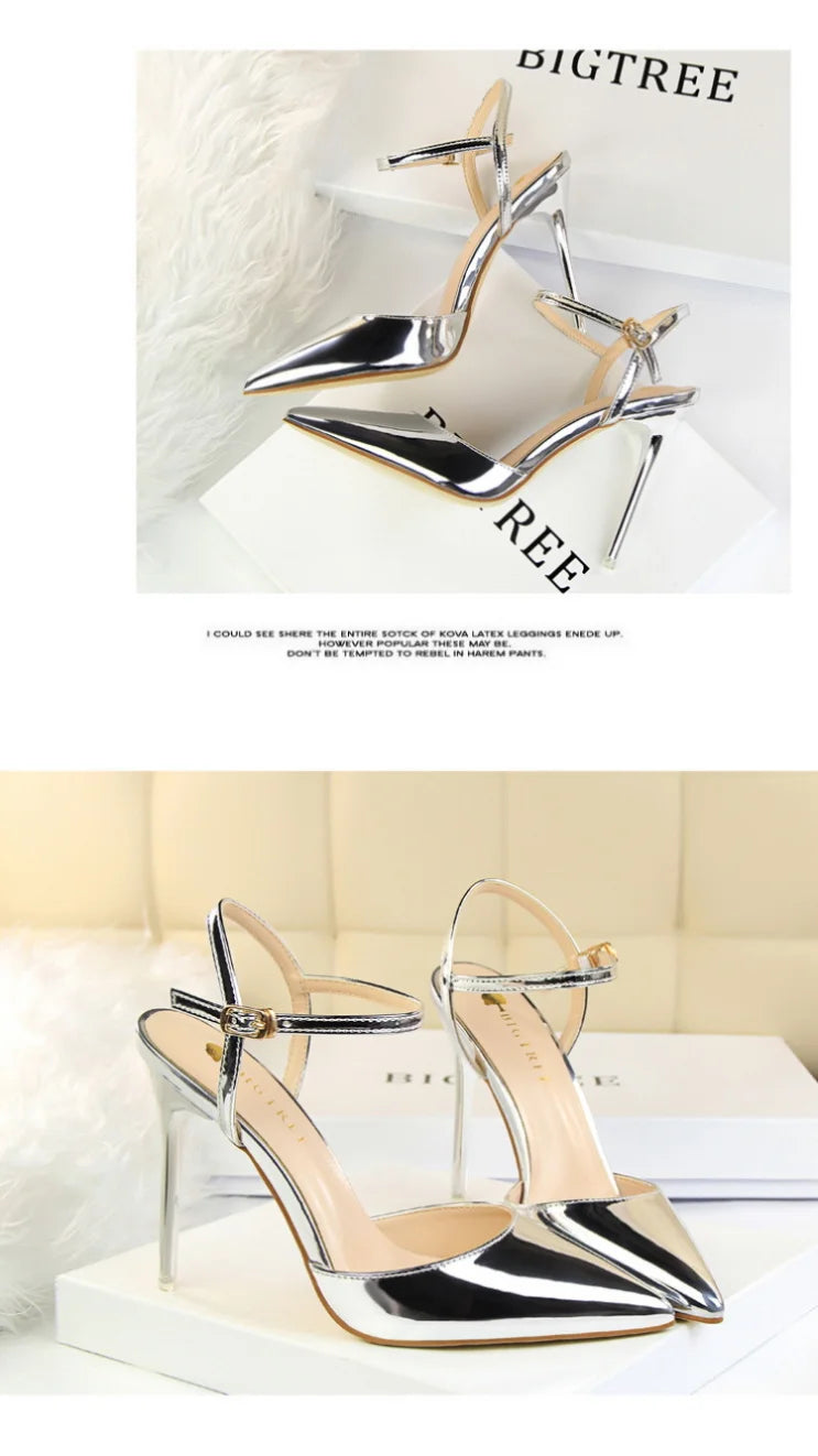 86-1 Style Simple Slim Ultra High Heel Shallow Painted Leather Sexy Nightclub Slimming One-word Strap Women Cool Shoes