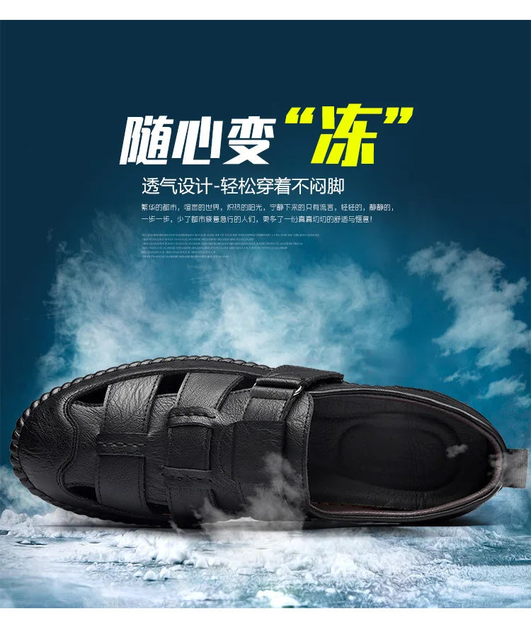 Leather Sandals Baotou 2025 Summer New Genuine Leather Breathable Hollow Porous Shoes Men's Tendon Soft Bottom Middle-Aged Dad S