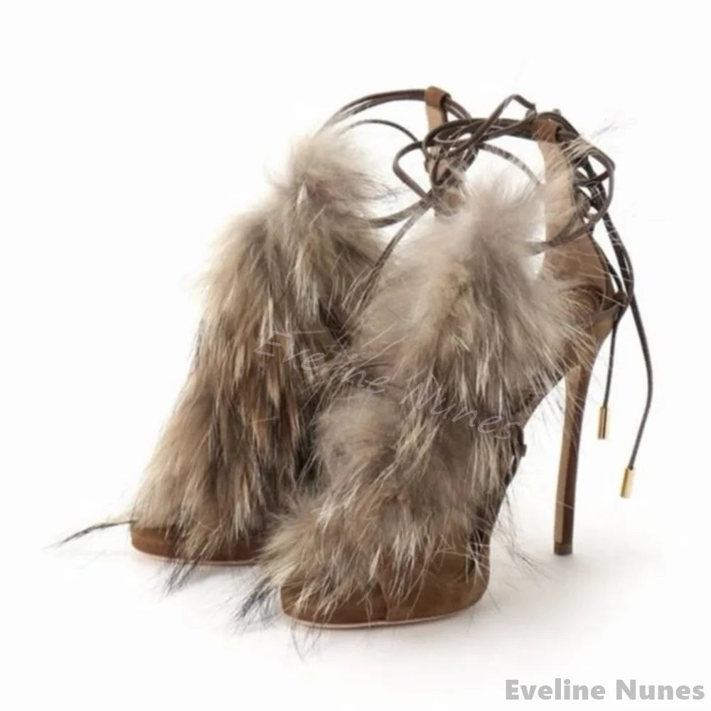 Furry Strappy Hollow Sandals Women Retro Brown Peep Toe Stiletto Heel Ankle Strap Sexy Sandals New Party Catwalk Elegant Pumps