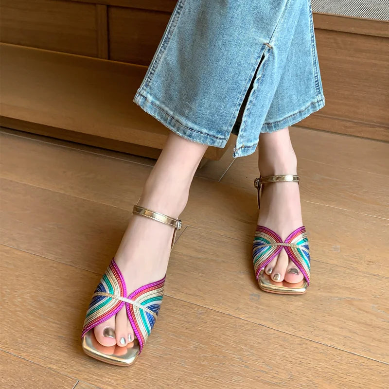 FEDONAS Summer Mixed Colors Women Sandals Ankle Strap Elegant Shoes Woman Genuine Leather Thick Heels Fashion Party Office Lady