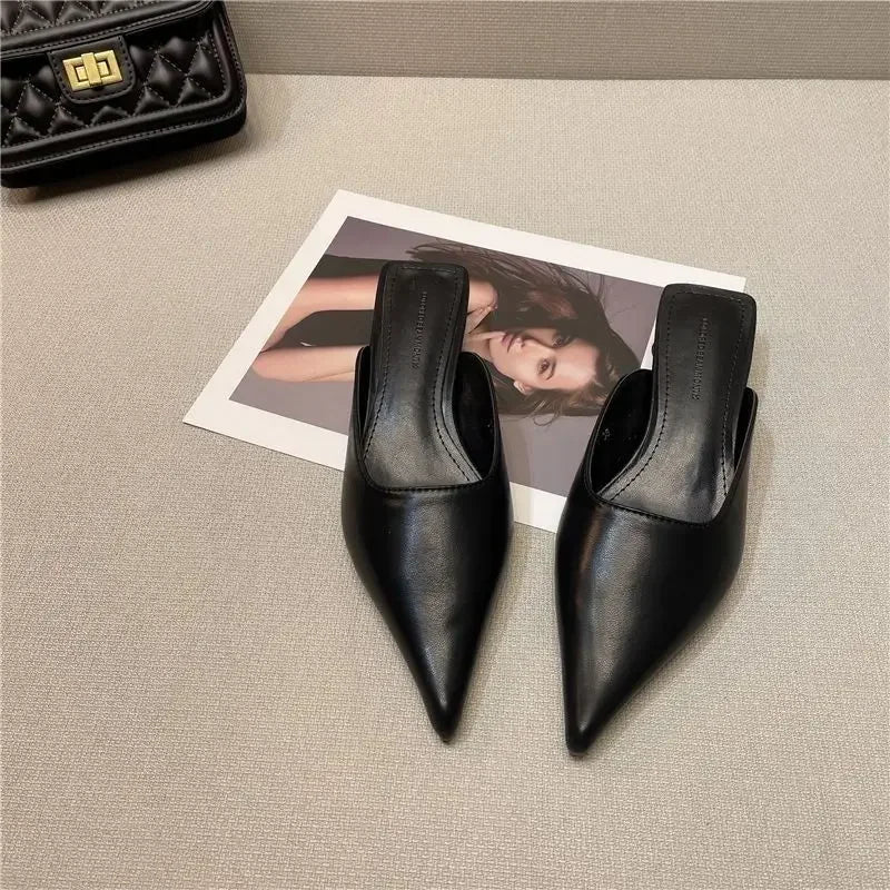 Woman Slippers Pointed Toe Outside Job Sandals Slides Mules Low Heel White Shoes for Women with Comfortable Luxury Korea Style