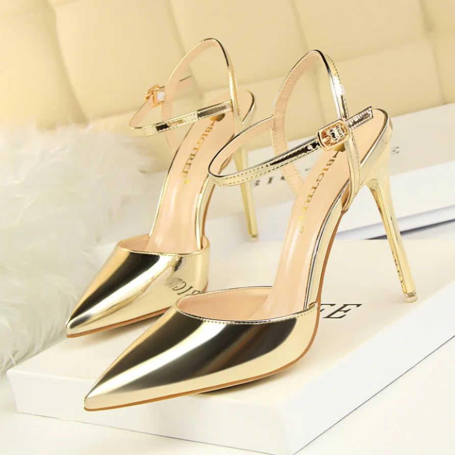 86-1 Style Simple Slim Ultra High Heel Shallow Painted Leather Sexy Nightclub Slimming One-word Strap Women Cool Shoes