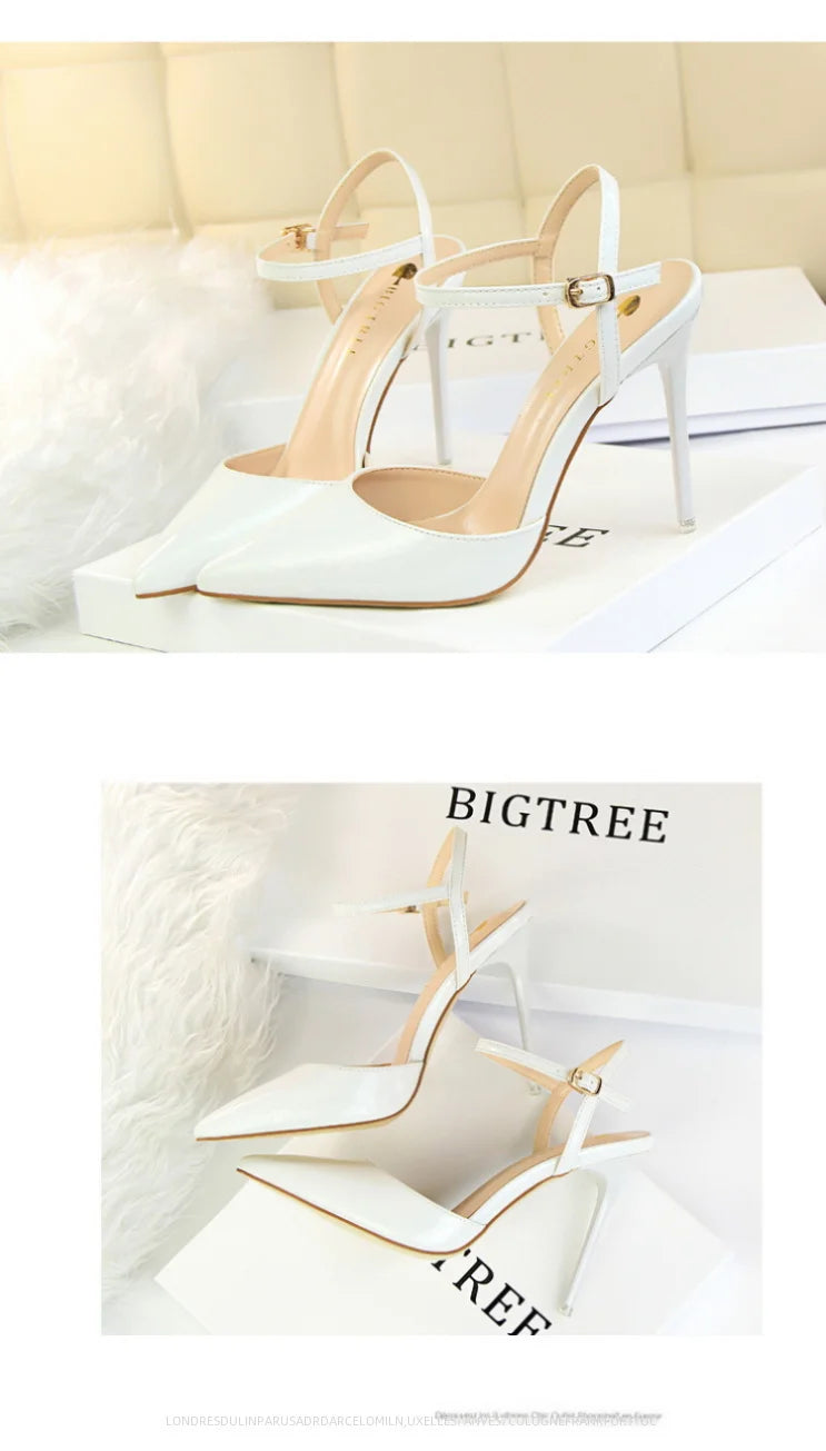 86-1 Style Simple Slim Ultra High Heel Shallow Painted Leather Sexy Nightclub Slimming One-word Strap Women Cool Shoes
