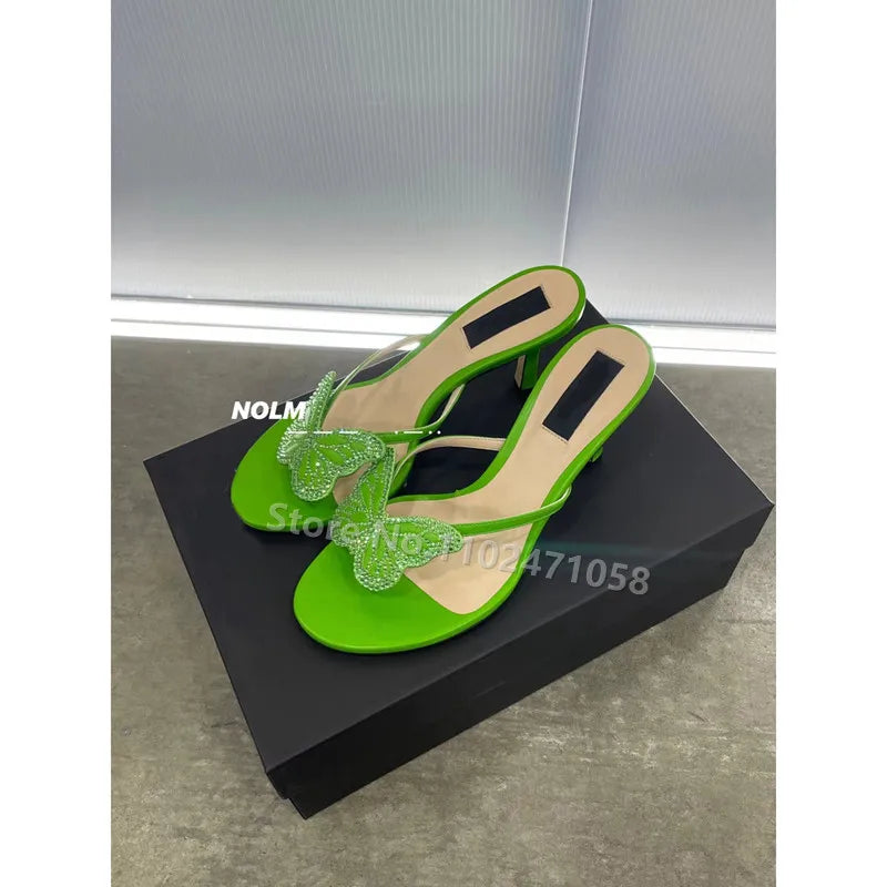 Butterfly Rhinestone Peep Toe Thin Heels Flipflops Women Summer Luxury Brand High Heels Sandals Ladies Casual Outside Slippers
