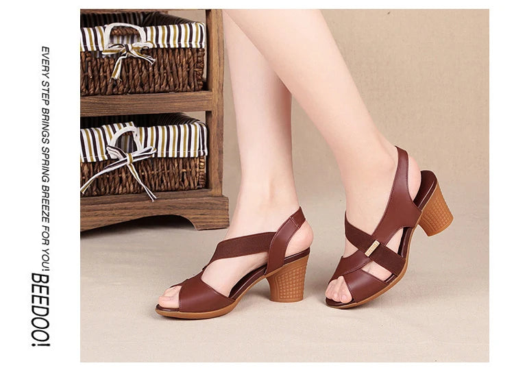Women Summer Sandals Platform Round Mid Heel Back Strap Peep Toe Pu Leather Beach Casual Fashion Shoes Ladies Female 2023