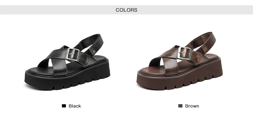 BEAUTODAY Platform Sandals Women Polished Cow Leather Open Toe Cross-tied Solid Metal Strap Summer Ladies Shoes Handmade 38250