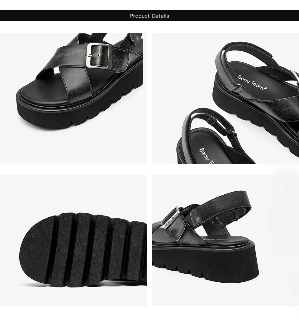 BEAUTODAY Platform Sandals Women Polished Cow Leather Open Toe Cross-tied Solid Metal Strap Summer Ladies Shoes Handmade 38250