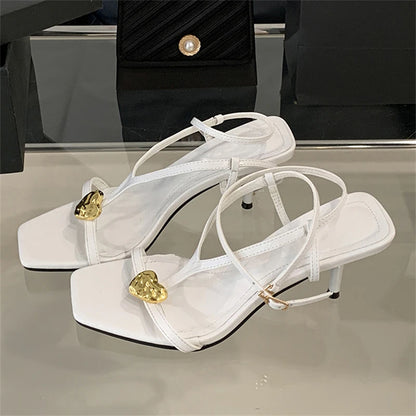 Summer Fashion Metal Buckle Narrow Band Sandals Women Band Open Toe Thin Low Heel Gladiator Party Shoes Zapatos De Mujer