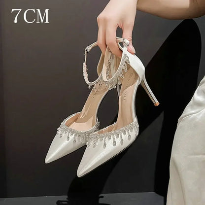 Comemore 2025 White Wedding Bridesmaid Shoes Satin Fashion Rhinestone Fringe Chain High Heels Black Temperament Elegance Pumps