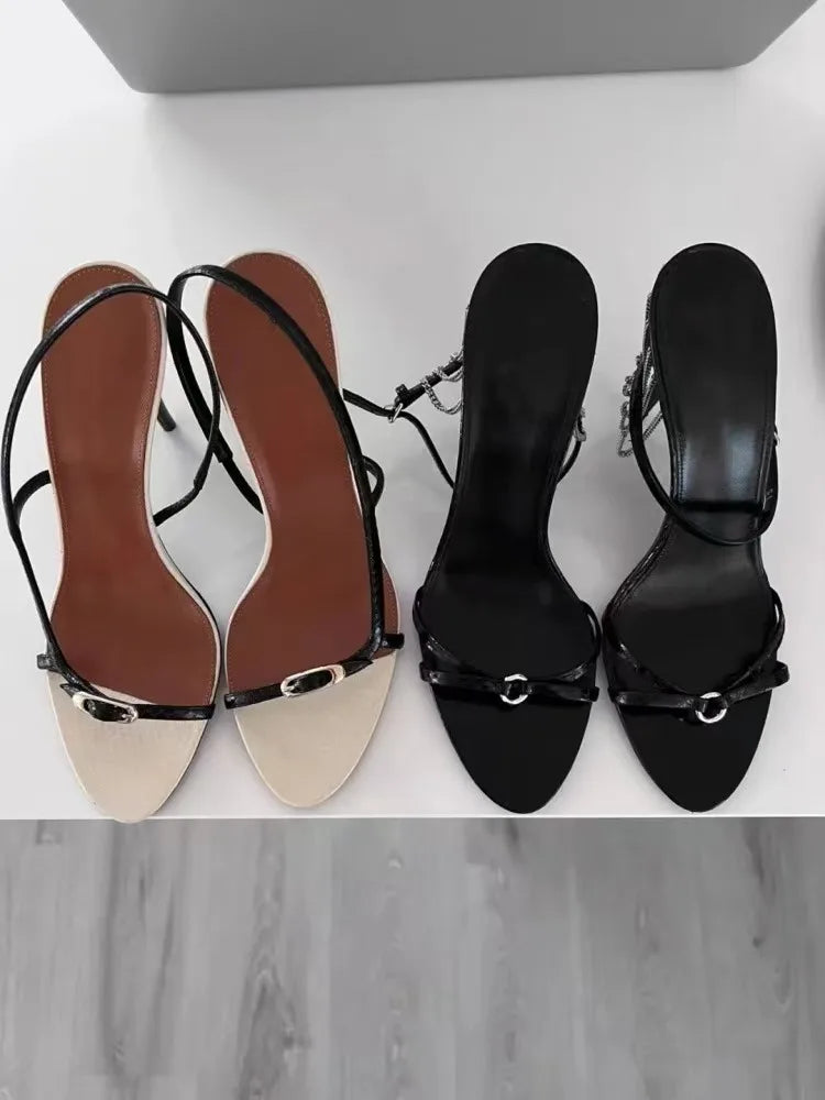 Liyke Summer Fashion Buckle Open Toe Slip On Back Strap Sandals Women Black White High Heels Wedding Prom Shoes Zapatos Mujer