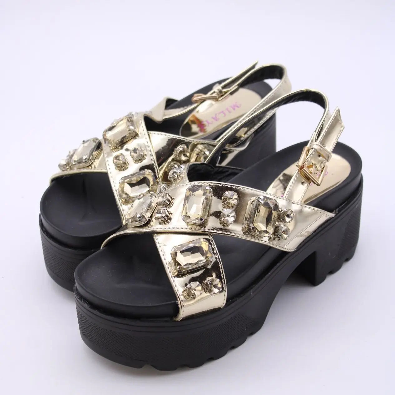 Somailia Footwear, Crossed Sandal with Platform and Heel. Sandals with Stones Summer 2022, Shiny Sandals with Jewelry, Young Fashion, Comfortable Footwear