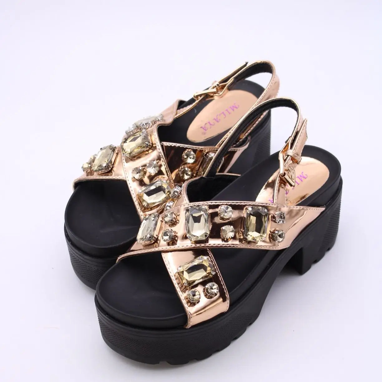 Somailia Footwear, Crossed Sandal with Platform and Heel. Sandals with Stones Summer 2022, Shiny Sandals with Jewelry, Young Fashion, Comfortable Footwear