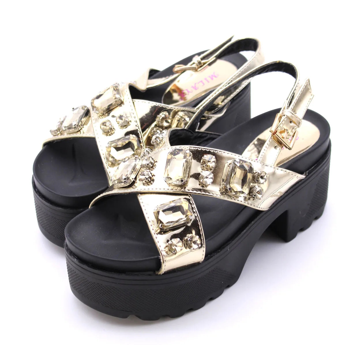Somailia Footwear, Crossed Sandal with Platform and Heel. Sandals with Stones Summer 2022, Shiny Sandals with Jewelry, Young Fashion, Comfortable Footwear