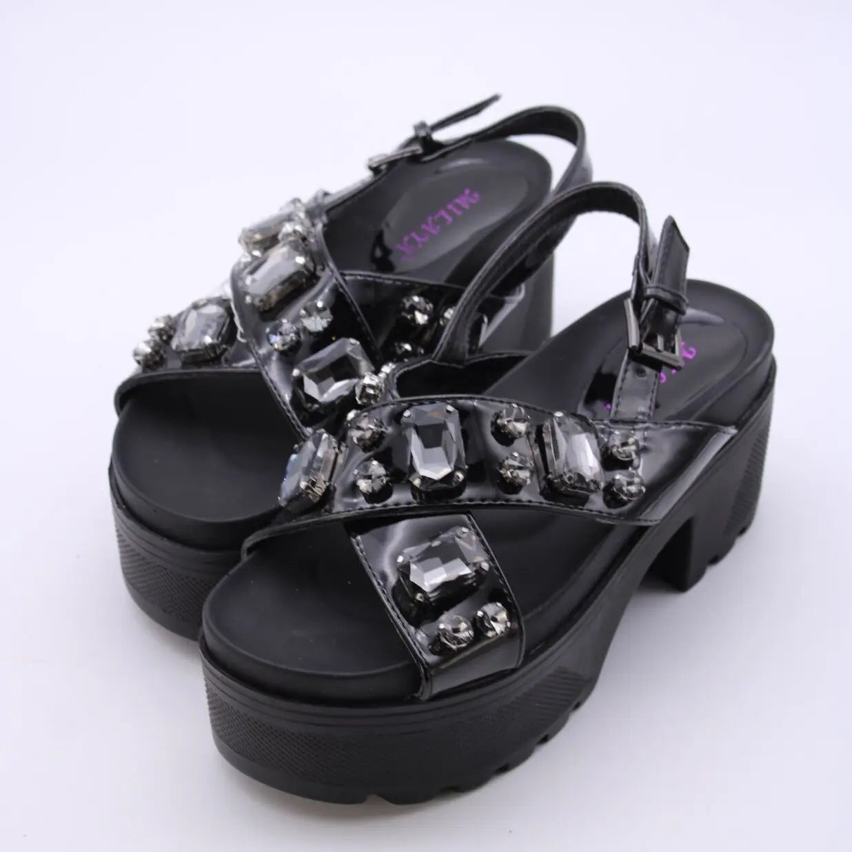 Somailia Footwear, Crossed Sandal with Platform and Heel. Sandals with Stones Summer 2022, Shiny Sandals with Jewelry, Young Fashion, Comfortable Footwear